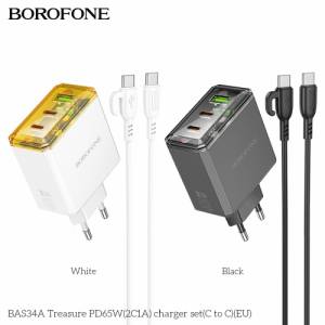 Bộ sạc 3 cổng Borofone BAS34A c to c PD65W (2C1A) (EU)